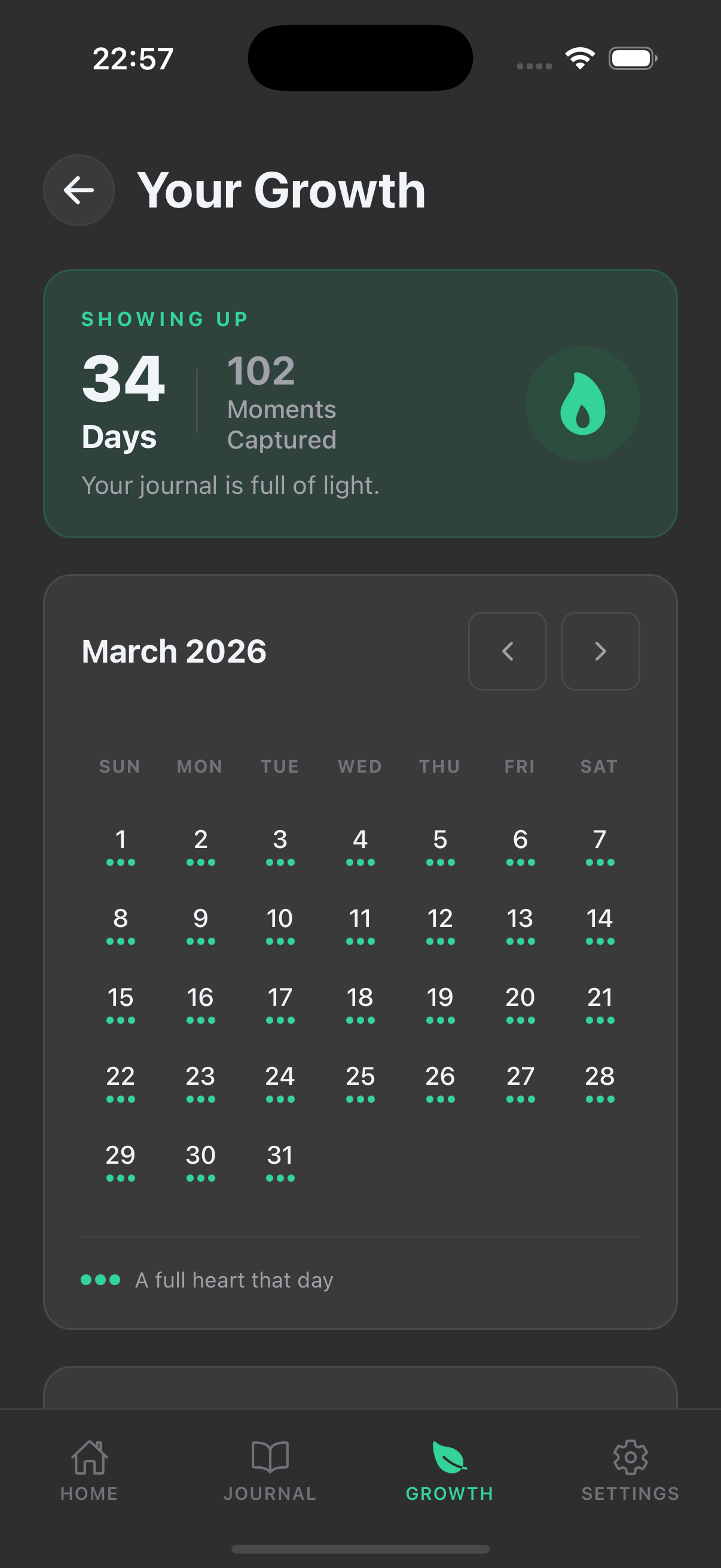 Growth calendar in dark mode